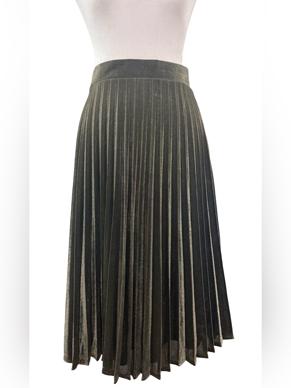 NWT Lulus Star Shine Olive Gold Metallic Pleated Midi Skirt Size Medium - Picture 8 of 12